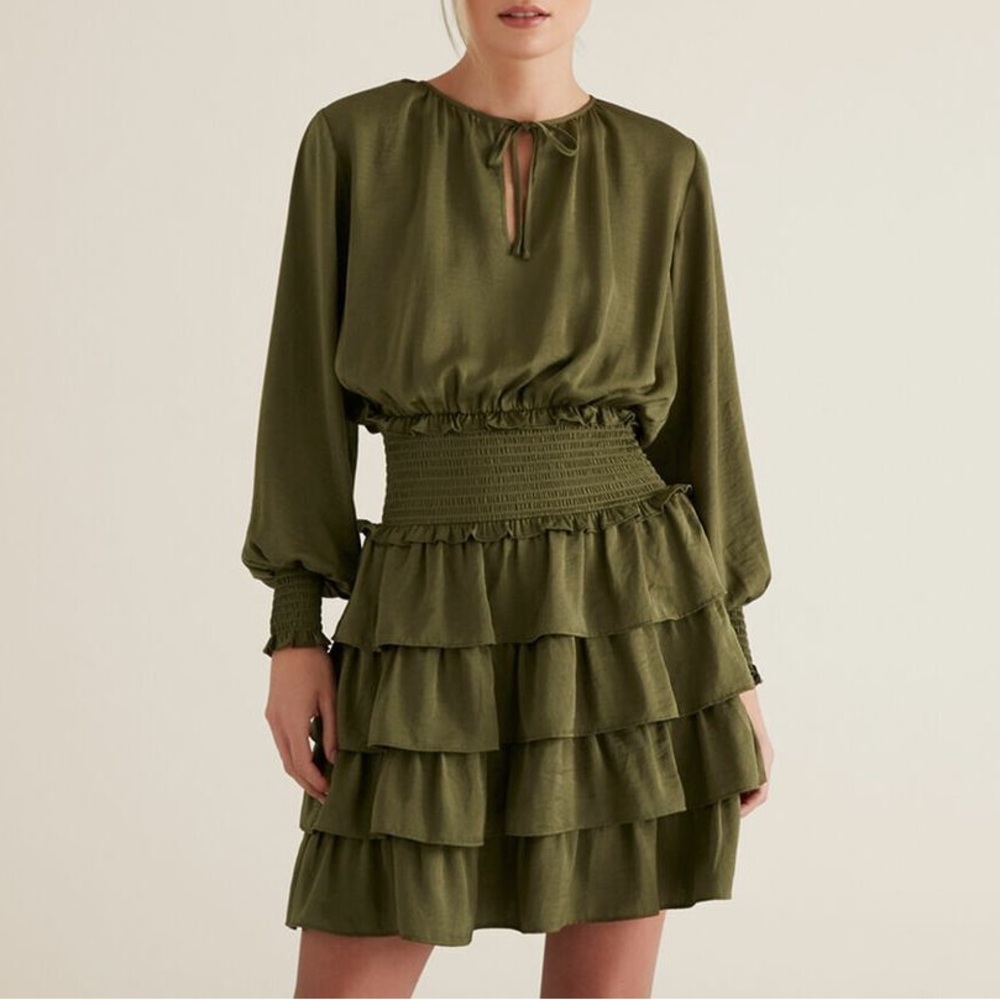 SEED HERITAGE Khaki Green Tiered Frill Long Sleeve Mini Dress - Picture 2 of 13